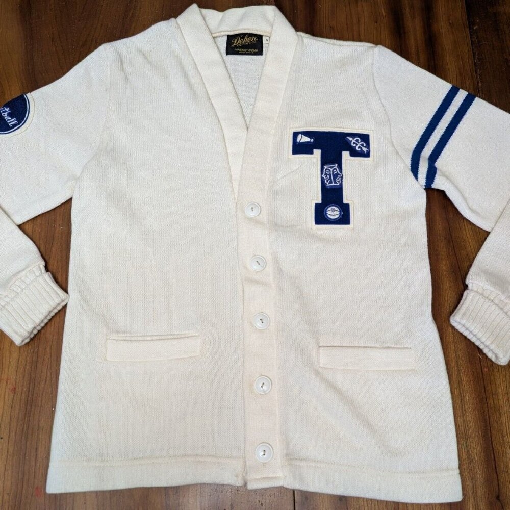 Vintage Dehen Wool Letterman Sweater Cardigan Blue T Basketball Drama Spirit 40